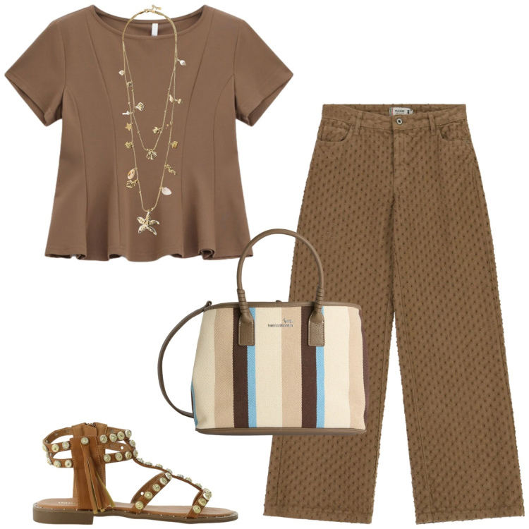 Outfit donna - Total look #2426287. Stile Casual per Tutti i giorni. Abbinamento con shopping bag, pantaloni, collane, top, sandali.