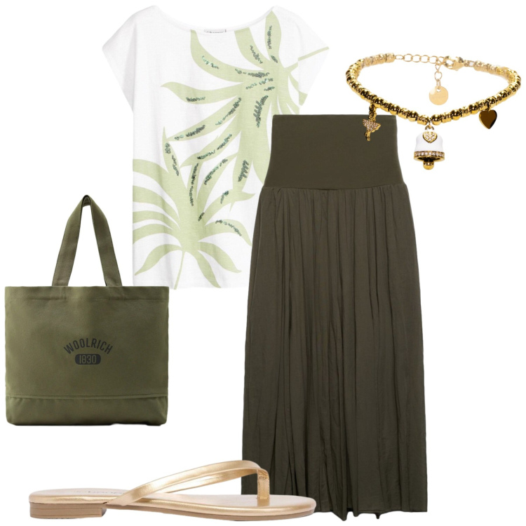 Outfit donna - City. Stile Casual chic per Tutti i giorni. Abbinamento con t-shirt, sandali, gonne lunghe, braccialetti, borse tote.
