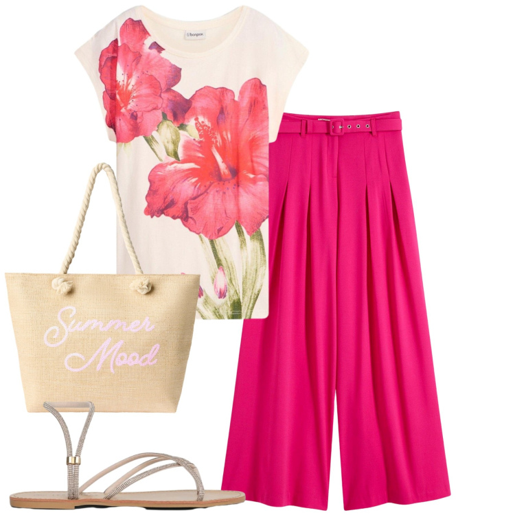Outfit donna - Giugno. Stile Casual chic per Tutti i giorni. Abbinamento con pantaloni, t-shirt, sandali, borse tote.