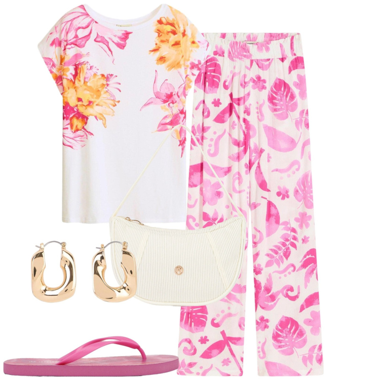 Outfit donna - Total look #2426319. Stile Casual chic per Tutti i giorni. Abbinamento con pantaloni, t-shirt, orecchini, infradito, borse a mano.