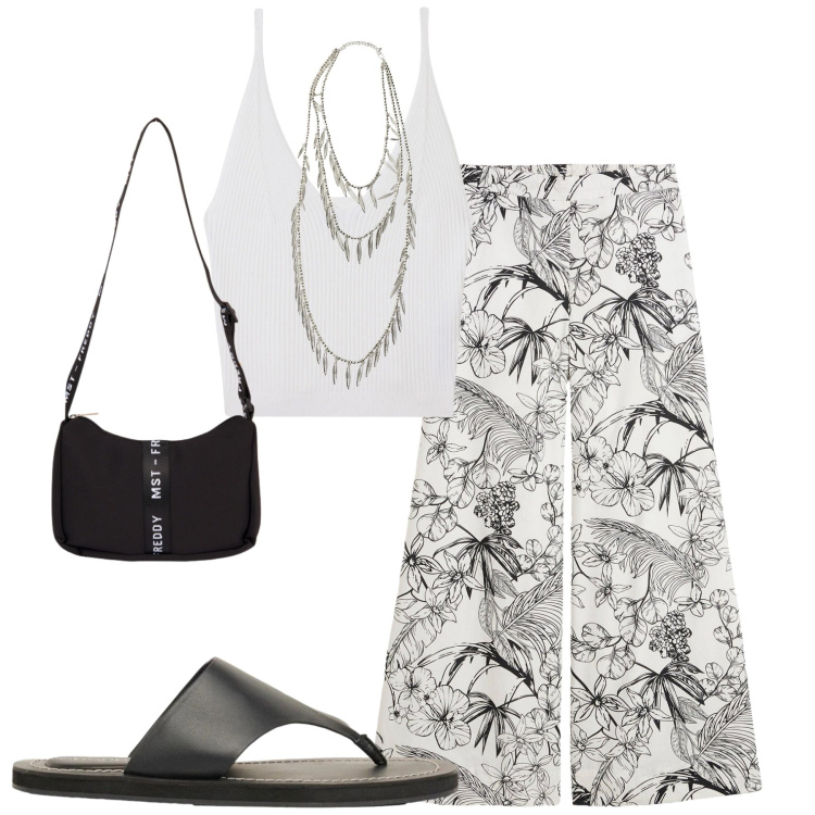 Outfit donna - Total look #2426320. Stile Casual chic per Tutti i giorni. Abbinamento con infradito, pantaloni, top, borse a tracolla, collane.
