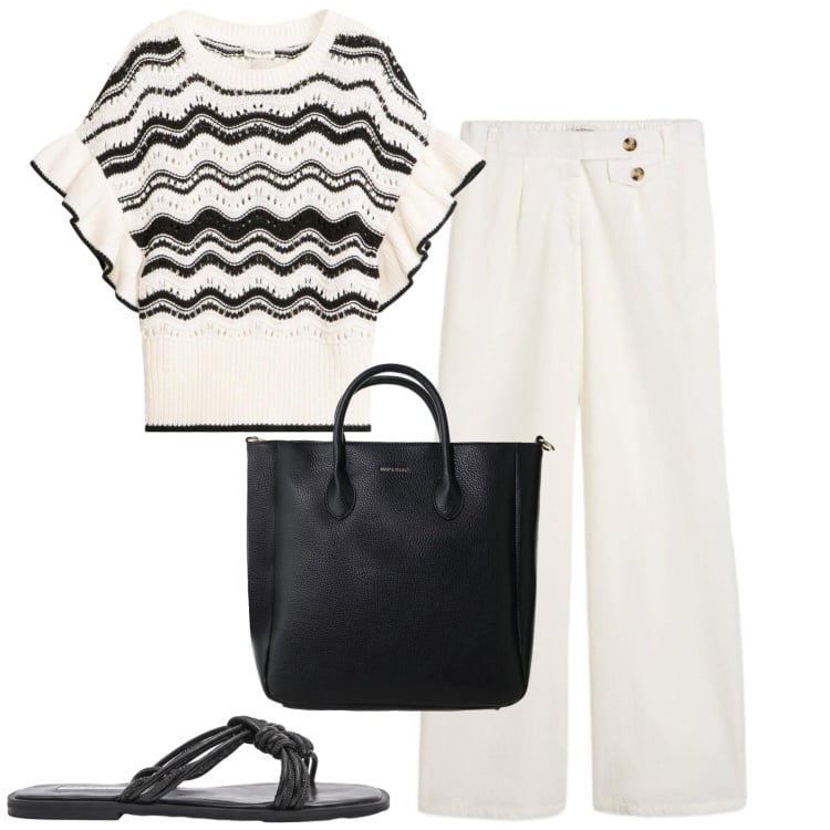 Outfit donna - City. Stile Casual chic per Tutti i giorni. Abbinamento con t-shirt, pantaloni, sandali, borse a tracolla.