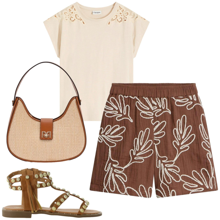 Outfit donna - Coty. Stile Casual per Tutti i giorni. Abbinamento con shorts, t-shirt, borse a spalla, sandali.