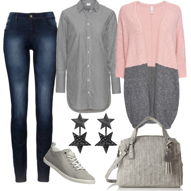 Outfit donna - Orecchini a forma di stella. Stile Basic per Tutti i giorni. Abbinamento con jeans skinny, camicia lunga, cardigan oversize, orecchini con strass nero, borsa a mano grigio, scarpe grigio.