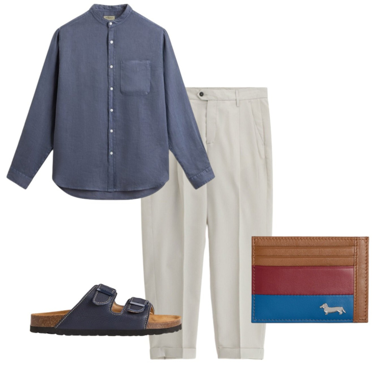 Outfit uomo - Prime notti d’estate. Stile Casual per Serata speciale. Abbinamento con portafogli, sandali, camicie, pantaloni.