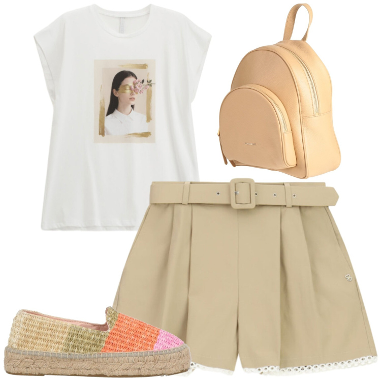 Outfit donna - Total look #2426362. Stile Casual chic per Tutti i giorni. Abbinamento con zaini, espadrillas, shorts, t-shirt.