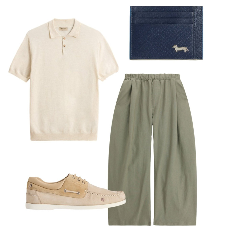 Outfit uomo - Prime notti d’estate. Stile Trendy per Serata speciale. Abbinamento con portafogli, scarpe stringate, polo, pantaloni.