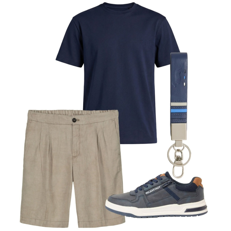 Outfit uomo - June. Stile Casual per Tutti i giorni. Abbinamento con sneakers, portachiavi, t-shirt, bermuda.