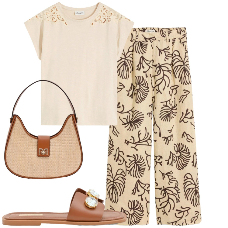 Outfit donna - Total look #2426366. Stile Casual chic per Tutti i giorni. Abbinamento con pantaloni, t-shirt, borse a spalla, sandali gioiello.