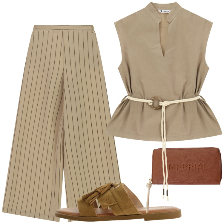 Outfit donna - Casual. Stile Casual per Tutti i giorni. Abbinamento con camicie, sandali, pantaloni a palazzo, portafogli.