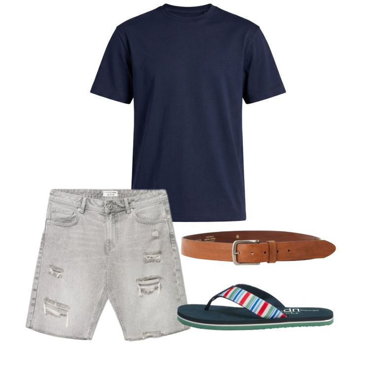 Outfit uomo - Giugno. Stile Casual per Tutti i giorni. Abbinamento con t-shirt, sandali, shorts, cinture.