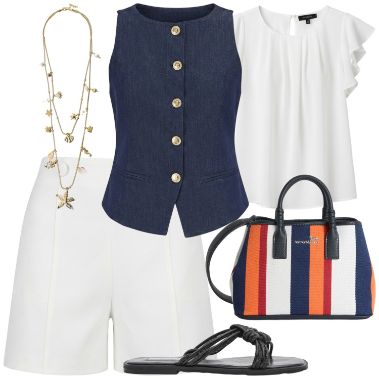 Outfit donna - City. Stile Casual chic per Tutti i giorni. Abbinamento con shopping bag, gilet, top, sandali, pantaloni corti, collane.