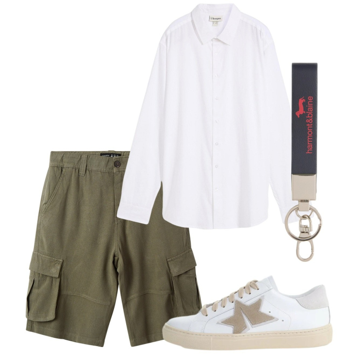 Outfit uomo - Giugno. Stile Casual per Tutti i giorni. Abbinamento con camicie, portachiavi, bermuda, sneakers.