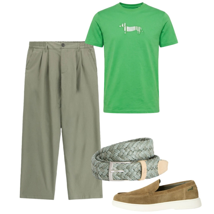 Outfit uomo - Fresco verde. Stile Casual per Tutti i giorni. Abbinamento con t-shirt, cinture, scarpe stringate, pantaloni.