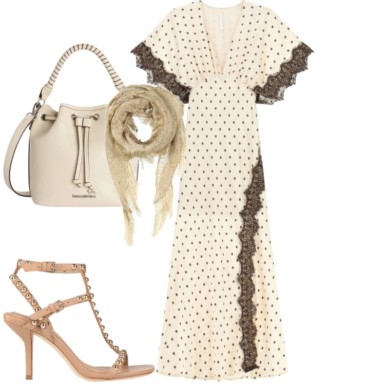 Outfit donna - A cena. Stile Casual chic per Serata fuori. Abbinamento con sandali in pelle, stole, borse a secchiello, vestiti lunghi.