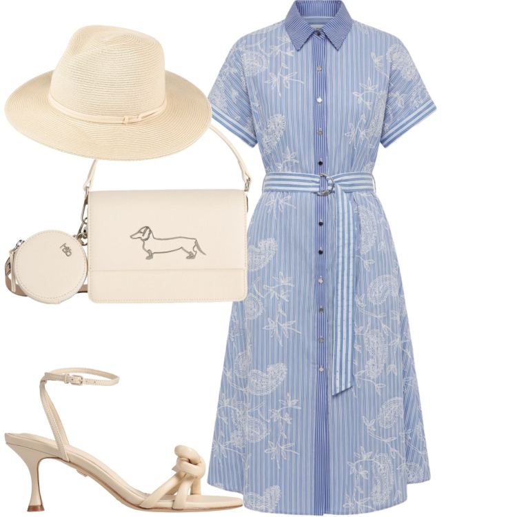 Outfit donna - Lo chemisier in città. Stile Bon Ton per Tutti i giorni. Abbinamento con sandali in pelle, cappelli, vestiti chemisier, borse a tracolla.
