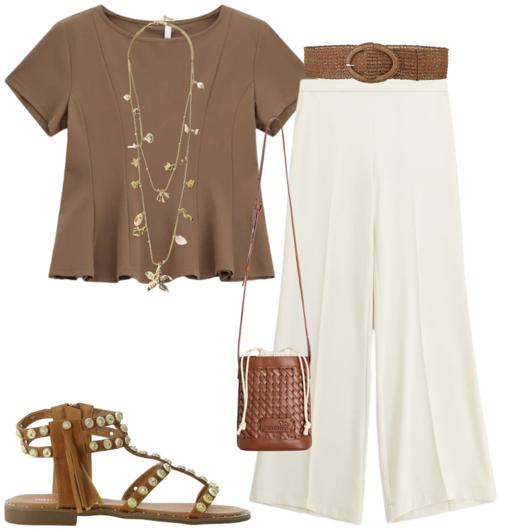 Outfit donna - Total look #2426392. Stile Minimal per Tutti i giorni. Abbinamento con cinture, borse a secchiello, top, pantaloni a palazzo, collane, sandali.
