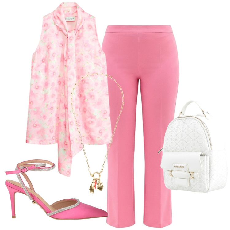 Outfit donna - Rosa shocking. Stile Casual chic per Serata fuori. Abbinamento con décolleté, zaini, bluse, pantaloni, ciondoli.