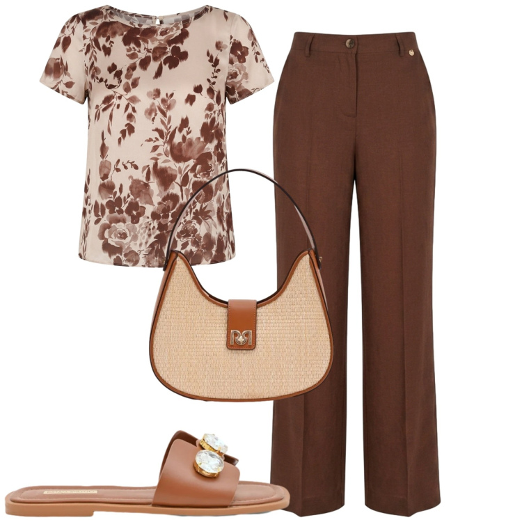 Outfit donna - Rinascita. Stile Chic per Tutti i giorni. Abbinamento con pantaloni, bluse, sandali gioiello, borse a spalla.