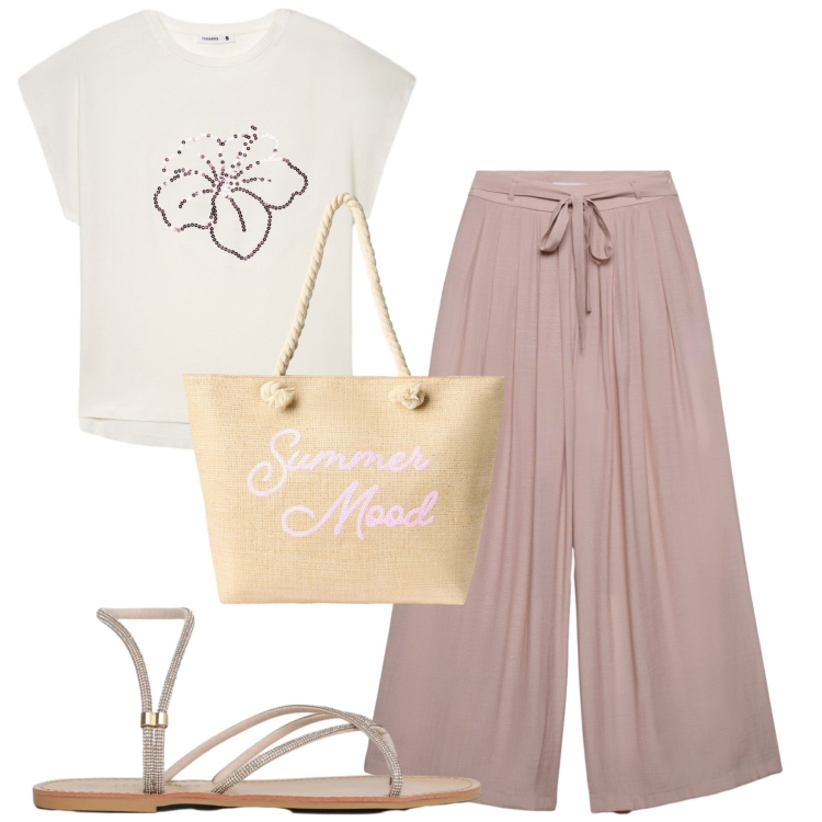 Outfit donna - Giugno. Stile Casual chic per Tutti i giorni. Abbinamento con pantaloni, sandali, t-shirt, borse tote.