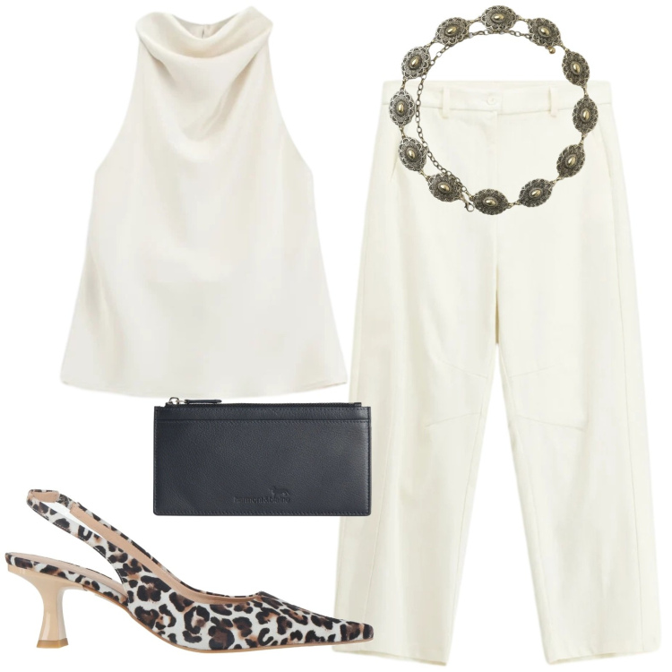Outfit donna - Bianco e nero. Stile Casual chic per Serata fuori. Abbinamento con décolleté, cinture, portafogli, top, pantaloni.