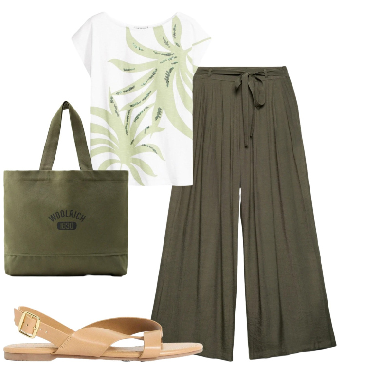 Outfit donna - City. Stile Casual chic per Tutti i giorni. Abbinamento con t-shirt, sandali, pantaloni, borse tote.