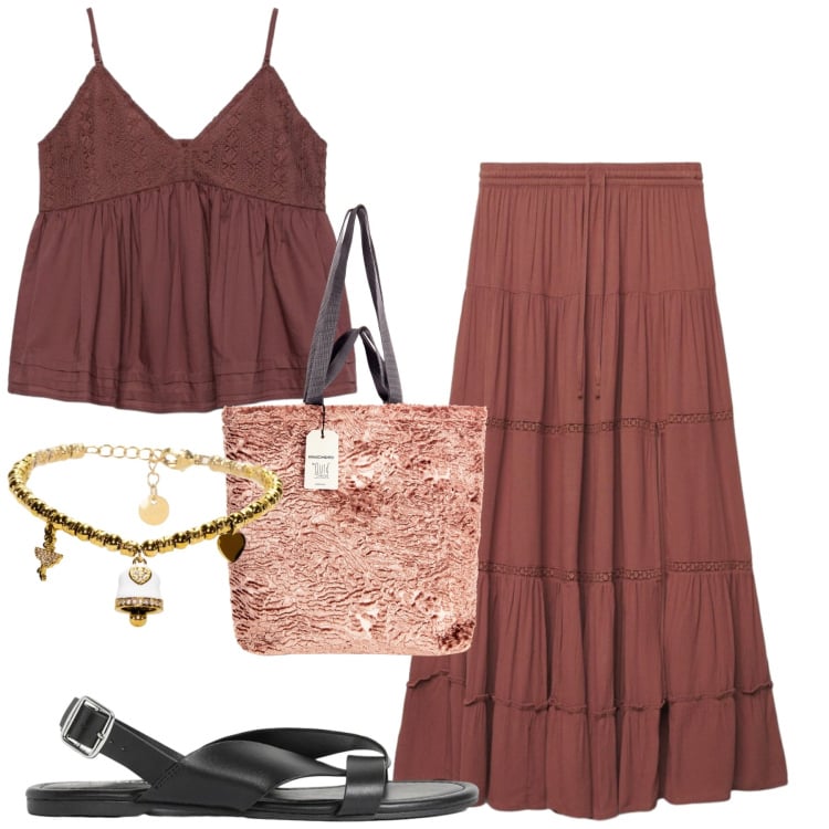Outfit donna - Giugno. Stile Casual chic per Tutti i giorni. Abbinamento con sandali, gonne lunghe, canottiere, borse tote, braccialetti.