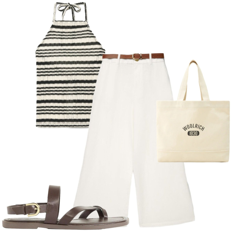 Outfit donna - City. Stile Casual chic per Tutti i giorni. Abbinamento con sandali, canottiere, pantaloni a palazzo, borse tote.