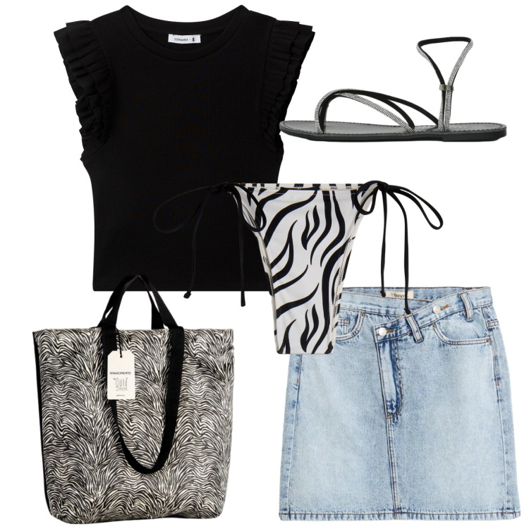 Outfit donna - Total look. Stile Casual chic per Tutti i giorni. Abbinamento con gonne, t-shirt, sandali, borse tote, bikini.