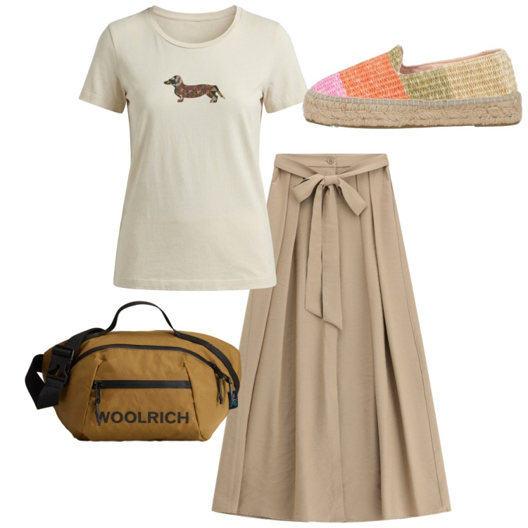Outfit donna - Estate in stile naturale - Focus Donna C. Stile Bon Ton per Tutti i giorni. Abbinamento con espadrillas, t-shirt, borse a tracolla, gonne lunghe.