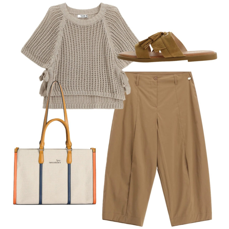 Outfit donna - Estate in stile naturale - Focus Donna C. Stile Bon Ton per Tutti i giorni. Abbinamento con borse tote, sandali, pantaloni, top.