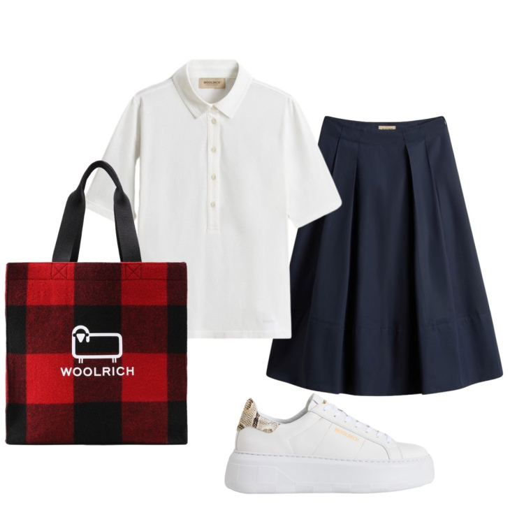 Outfit donna - Preppy style Woolrich. Stile Preppy per Tutti i giorni. Abbinamento con borse tote, polo, sneakers, gonne lunghe.