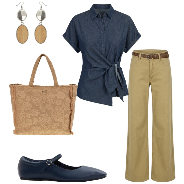 Outfit donna - Summer Sale Style. Stile Urban per Ufficio. Abbinamento con ballerine, orecchini, pantaloni, camicie a manica corta, shopping bag.