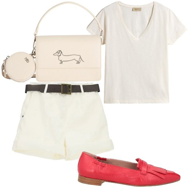Outfit donna - casual. Stile Casual per Tutti i giorni. Abbinamento con mocassini, borse a tracolla, shorts, t-shirt.