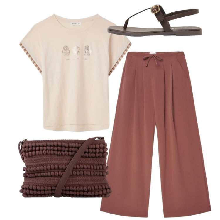 Outfit donna - Estate in stile naturale - Focus Donna C. Stile Bon Ton per Tutti i giorni. Abbinamento con borse a tracolla, sandali, pantaloni, t-shirt.