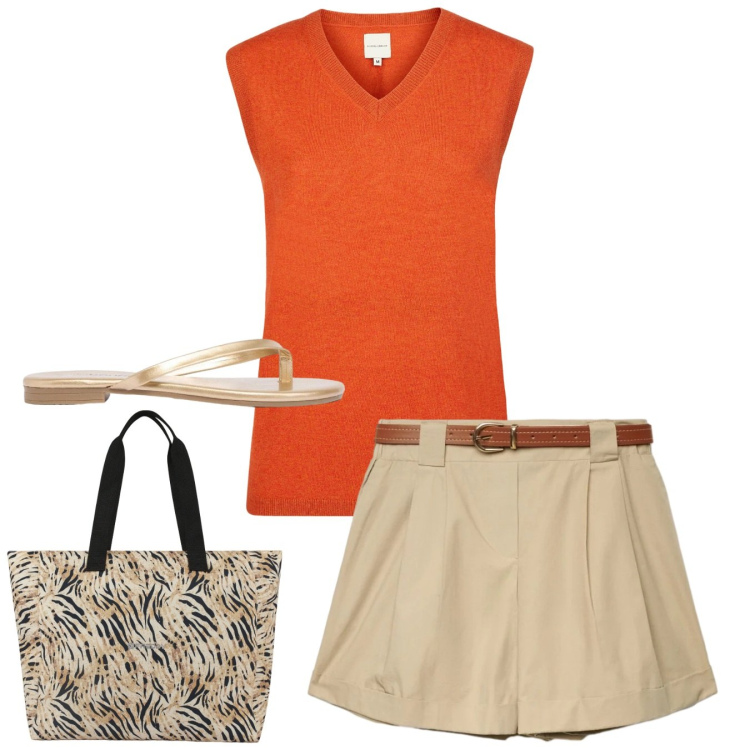 Outfit donna - Total look. Stile Casual per Tutti i giorni. Abbinamento con sandali, shorts, shopping bag, maglieria.