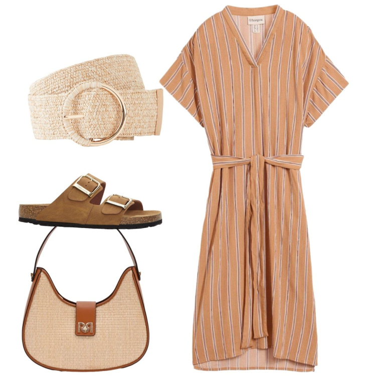 Outfit donna - Estate in stile naturale - Focus Donna C. Stile Bon Ton per Tutti i giorni. Abbinamento con cinture, ciabatte, caftani, borse a spalla.
