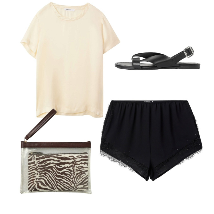 Outfit donna - Total look. Stile Casual per Tutti i giorni. Abbinamento con sandali, t-shirt, pochette, shorts.