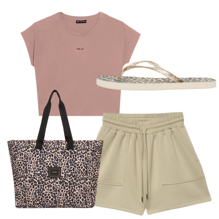 Outfit donna - Total look. Stile Basic per Tutti i giorni. Abbinamento con infradito, bermuda, t-shirt, shopping bag.
