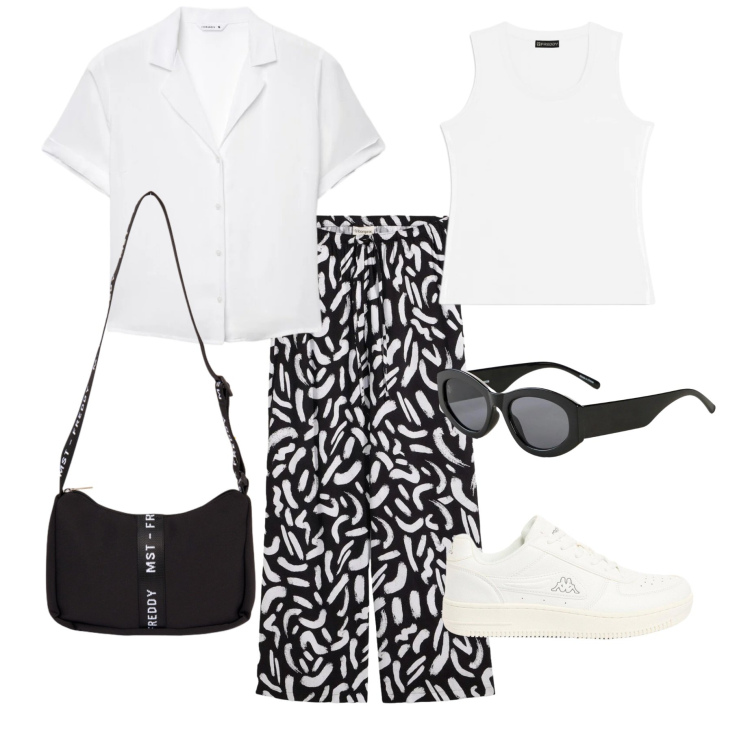 Outfit donna - In viaggio per un giorno in città d\'arte. Stile Sporty chic per Tutti i giorni. Abbinamento con pantaloni, sneakers, occhiali da sole, camicie a manica corta, canottiere, borse a tracolla.