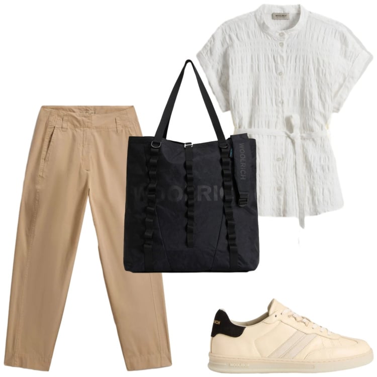Outfit donna - Woolrich: un outfit da ufficio. Stile Bon Ton per Ufficio. Abbinamento con bluse, borse tote, pantaloni, sneakers.