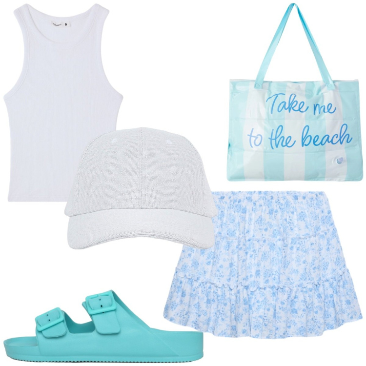 Outfit donna - Fresco blu. Stile Romantica per Tutti i giorni. Abbinamento con canottiere, cappelli con visiera, borse tote, minigonne, ciabatte.