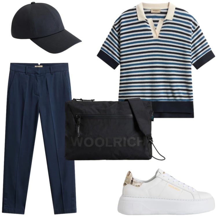 Outfit donna - Woolrich: lo stile Mannish. Stile Mannish per Tutti i giorni. Abbinamento con borse a tracolla, cappelli, sneakers, polo, pantaloni chino.