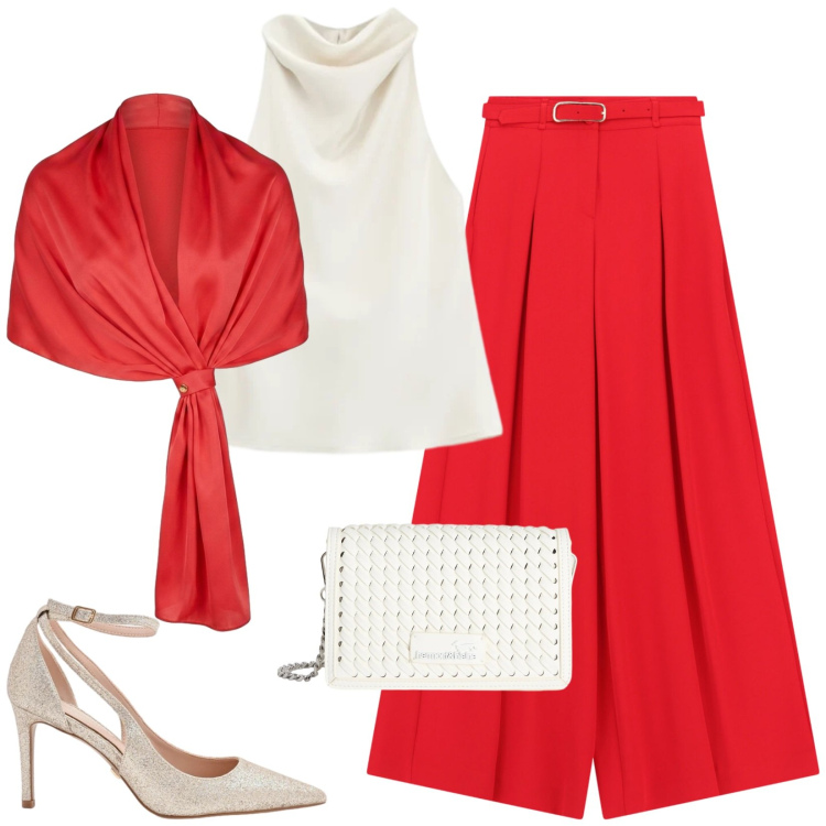 Outfit donna - Festa di laurea/eventi importanti. Stile Chic per Cerimonia. Abbinamento con borse a tracolla, décolleté, stole, top, pantaloni a palazzo.