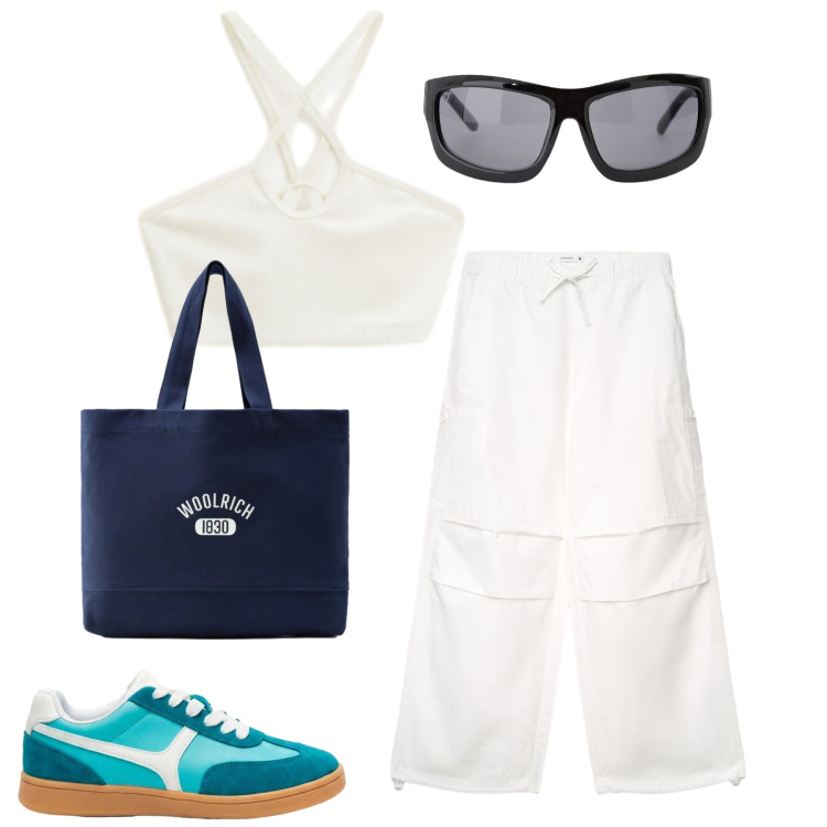 Outfit donna - Total look #2426484. Stile Urban per Tutti i giorni. Abbinamento con sneakers, pantaloni cargo, occhiali da sole, top, borse tote.