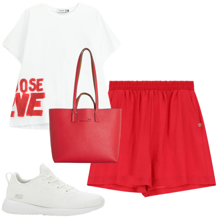 Outfit donna - Giugno. Stile Casual per Tutti i giorni. Abbinamento con sneakers, shopping bag, t-shirt, shorts.