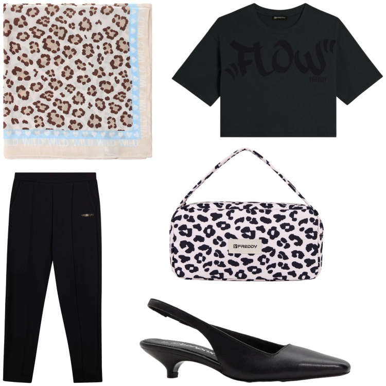 Outfit donna - Animalier. Stile Etnico per Tutti i giorni. Abbinamento con décolleté, foulard, borse a spalla, pantaloni, t-shirt.