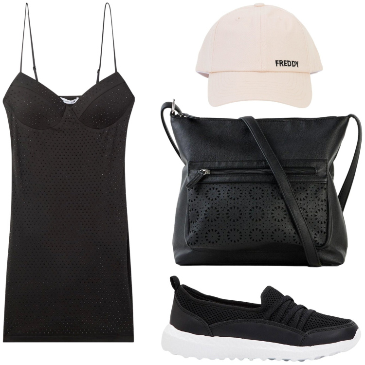 Outfit donna - Black. Stile Casual per Tutti i giorni. Abbinamento con sneakers, borse a tracolla, vestiti corti, cappelli con visiera.