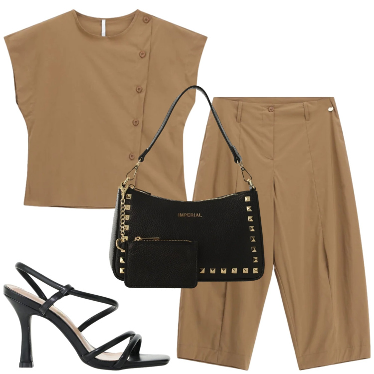 Outfit donna - City. Stile Casual chic per Tutti i giorni. Abbinamento con pantaloni, sandali col tacco, borse a spalla, camicie a manica corta.