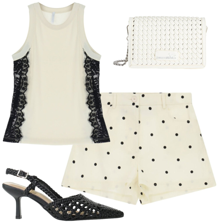 Outfit donna - Imperial. Stile Casual chic per Tutti i giorni. Abbinamento con borse a tracolla, décolleté, top, shorts.